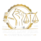 A logo for a law firm with a fist holding a gavel and scales of justice.