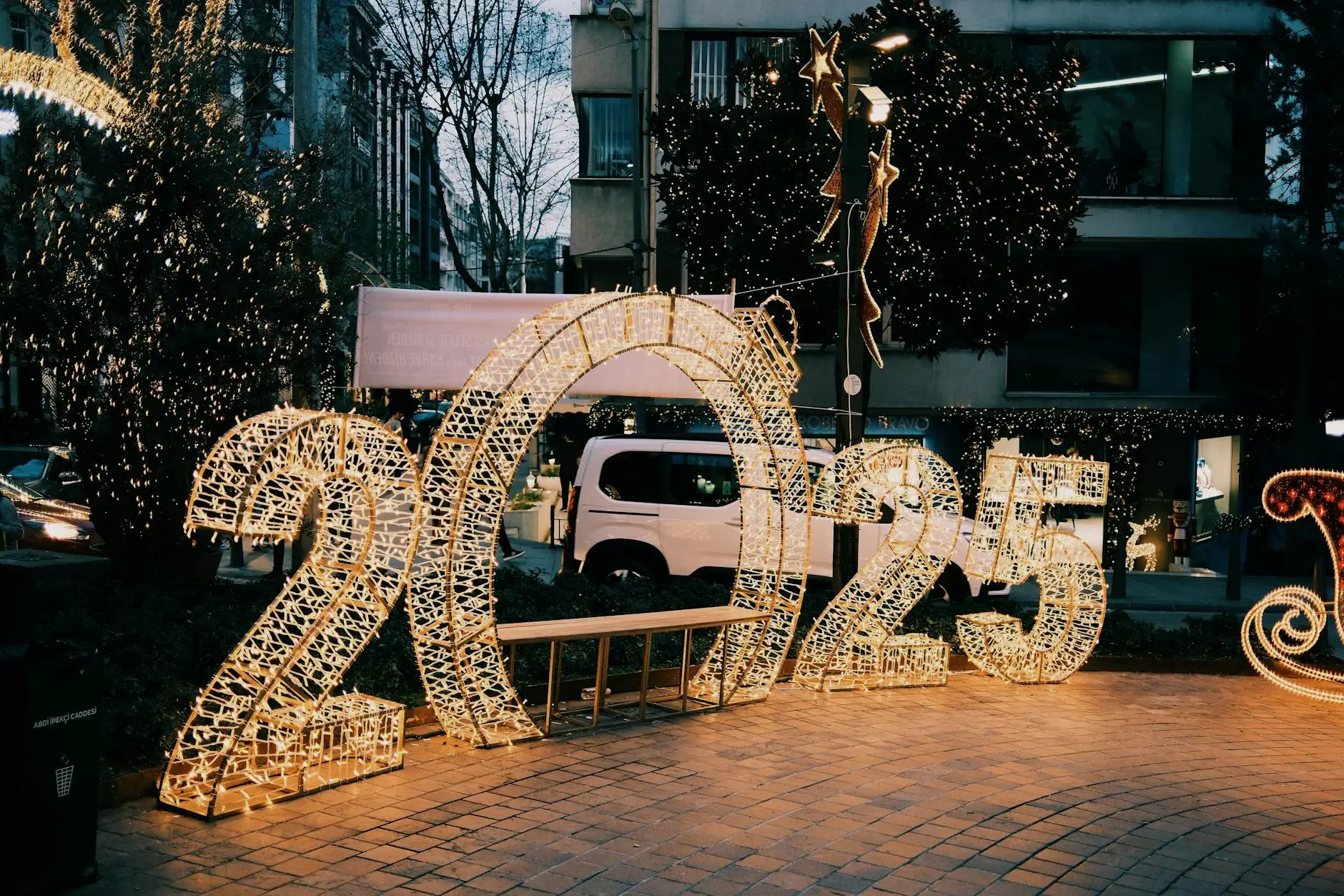 A sign that says ' 2024 ' on it in front of a building