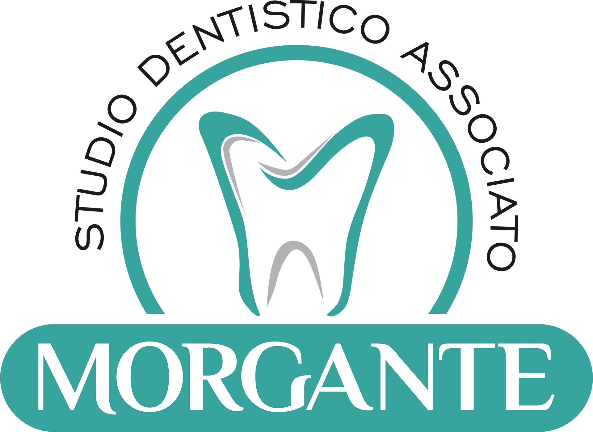 Logo per lo Studio Dentistico Associato Morgante, caratterizzato da un'icona stilizzata di un dente color verde acqua all'interno di un cerchio con testo bianco.