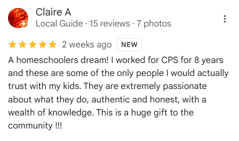 Review from Claire A, a local guide, praising a homeschool resource for being passionate, authentic, and trustworthy.