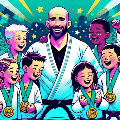 Jiu Jitsu instructor celebrating with students wearing gold medals, showcasing success and achievement at Growth Mindset Collective.