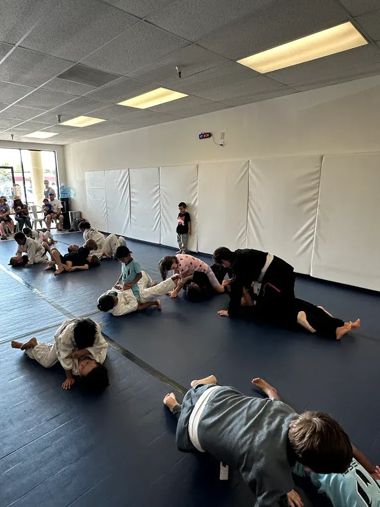 Children in martial arts class practicing on a blue mat. Several students wear white gis and are engaged in grappling techniques.