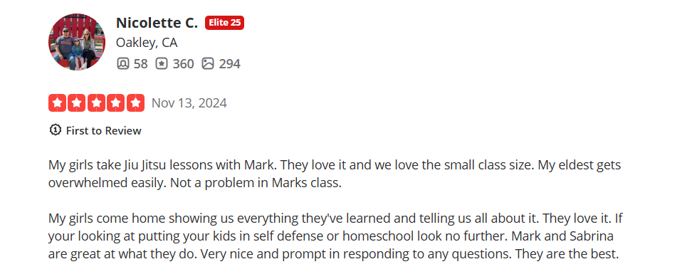 A customer review from nicoferre with a 5-star rating. It describes a positive experience at a business in Ok, USA.