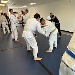 People in white and dark gis practice jiu-jitsu on a blue mat. Several are engaged in grappling and wrestling movements, in a brightly lit dojo.