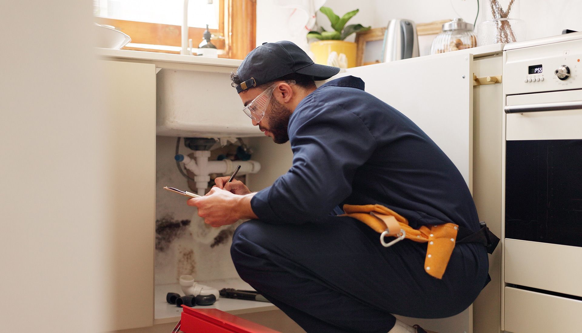 A man is fixing a sink in a kitchen.