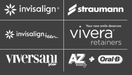 Logos von Dentalmarken: Invisalign, Straumann, Vivera, Oral-B und andere.