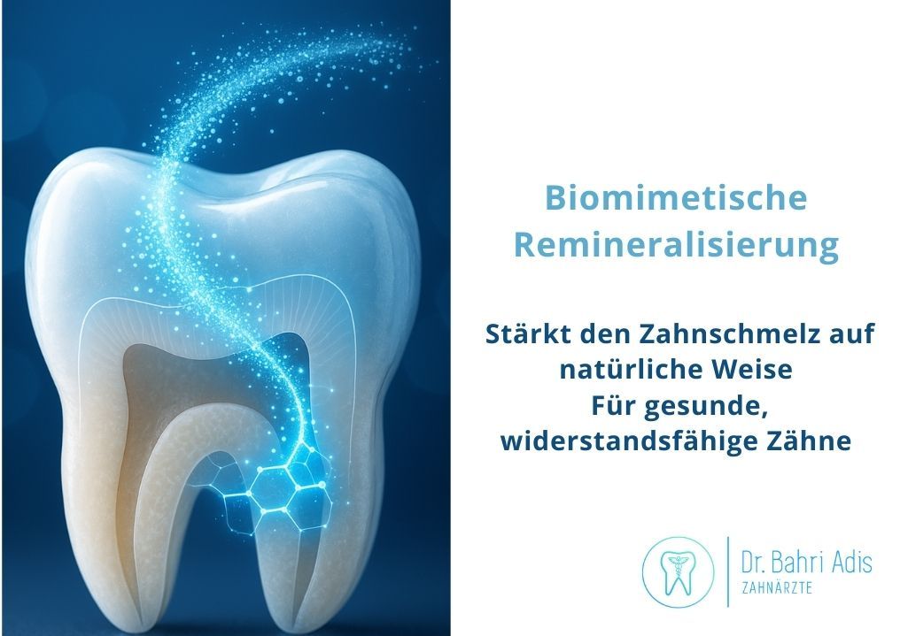Abbildung eines Zahns mit einem blau leuchtenden Strahl, der die biomimetische Remineralisierung für gesunde Zähne fördert.