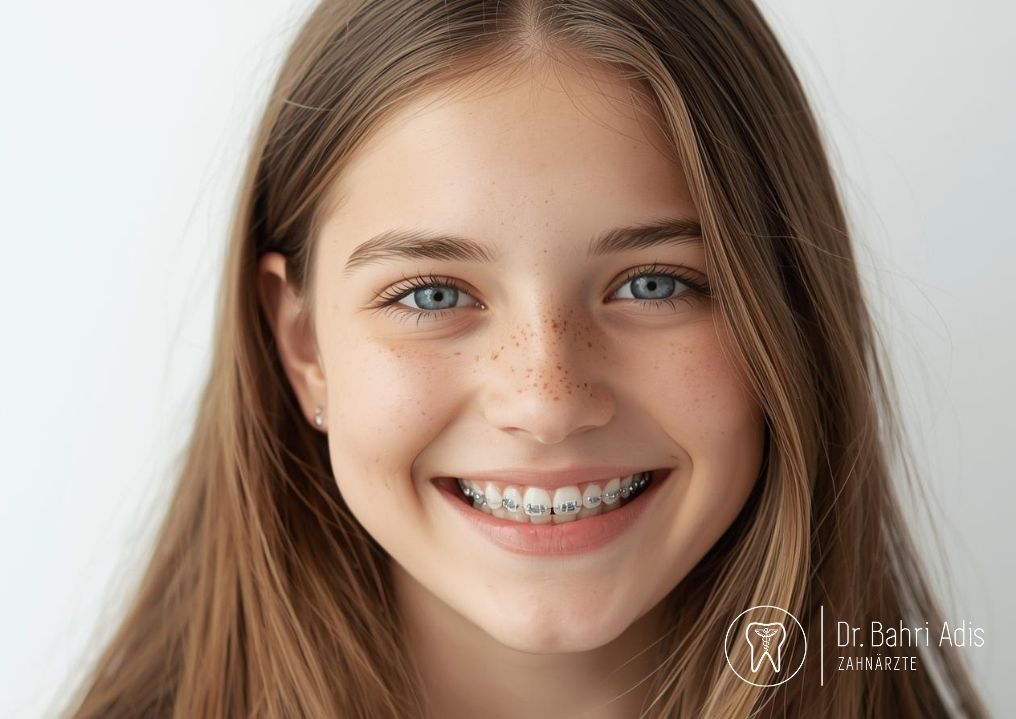 Teenager-Mädchen mit Zahnspange lächelt in die Kamera, helle Haut, blaue Augen, Sommersprossen und langes braunes Haar.