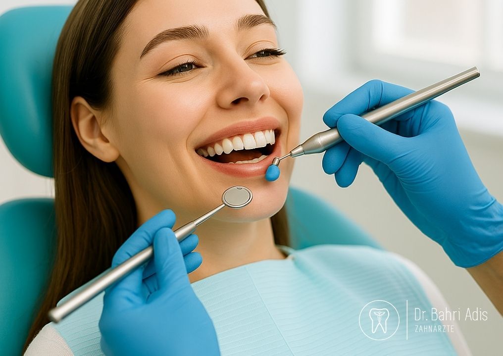 Frau beim Zahnarzt mit strahlendem Lächeln; Zahnarztinstrumente im Einsatz, blaue Handschuhe, weißes Ambiente.