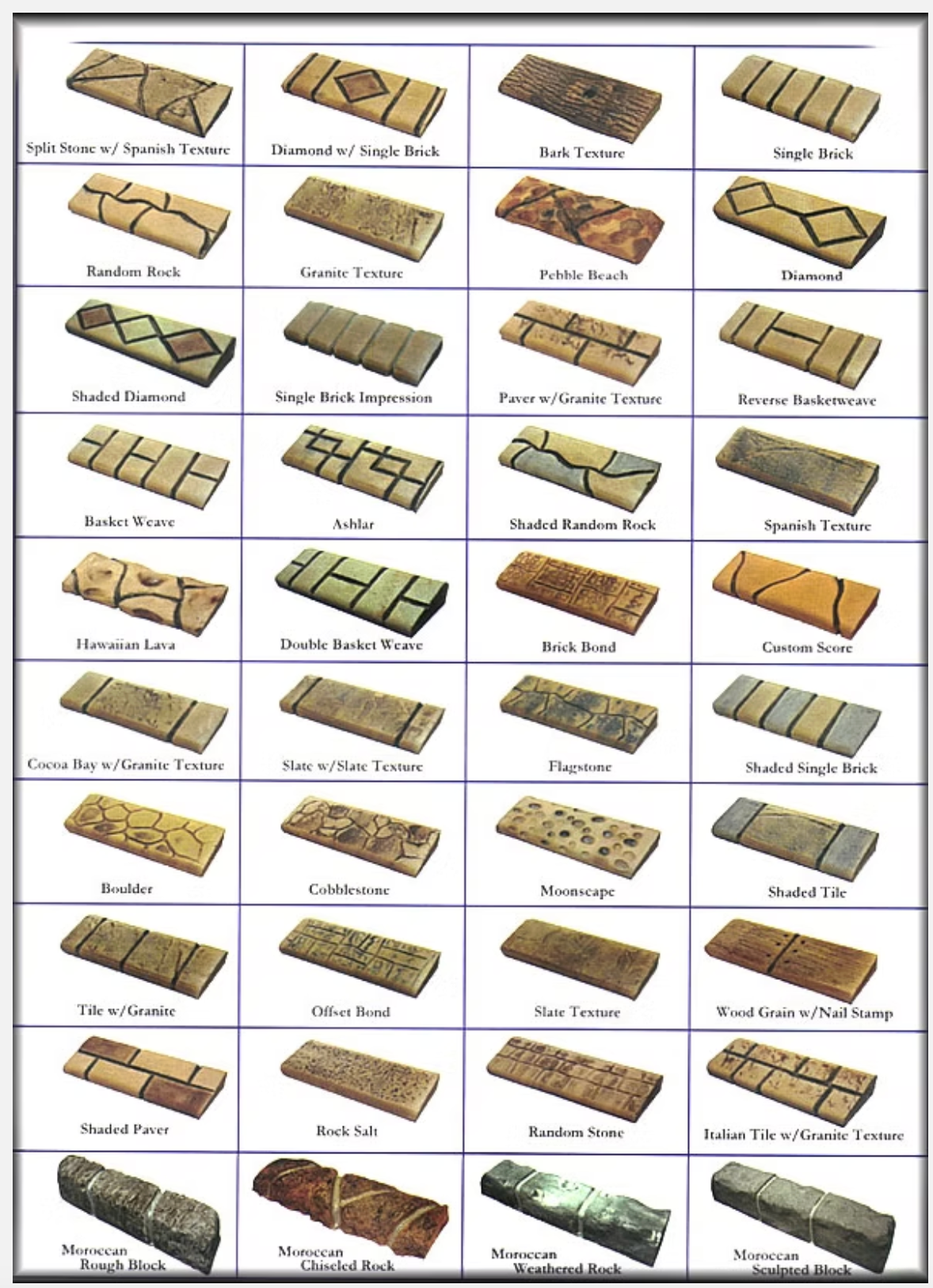 Collection of 40 rectangular stone tile patterns, in varying colors and textures.