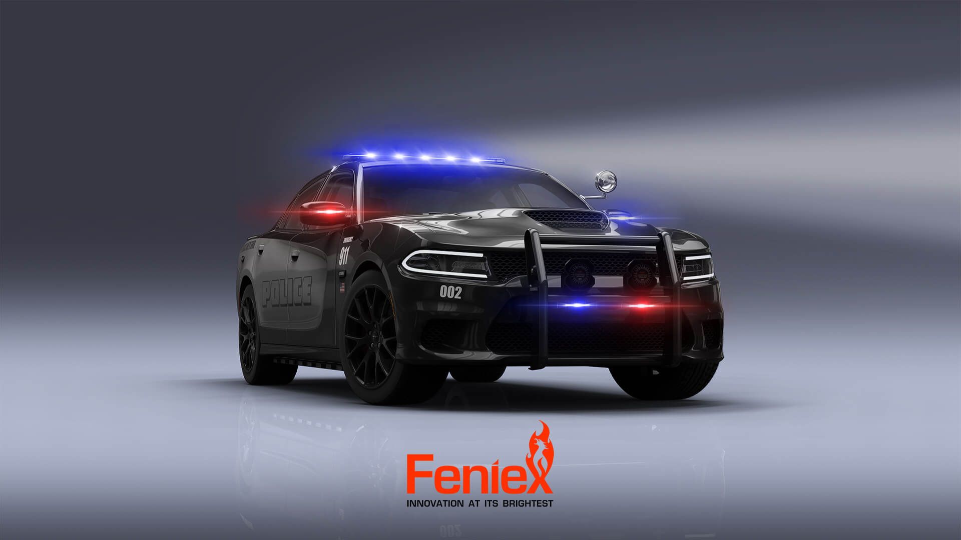 A black police car with red and blue lights on top of it.