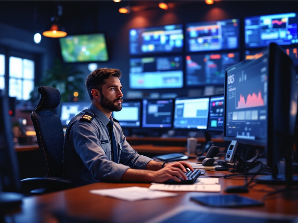 A man is sitting at a desk in front of a bunch of computer monitors.