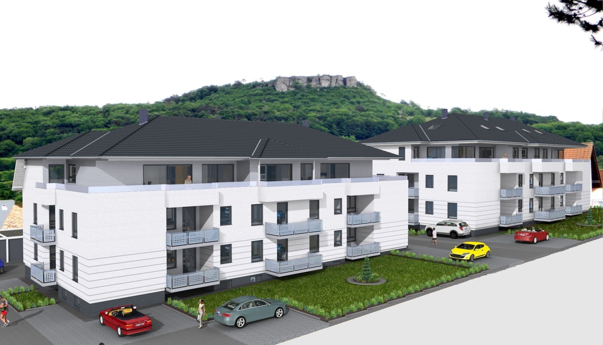 Künstlerische Darstellung eines Gebäudes mit davor geparkten Autos.