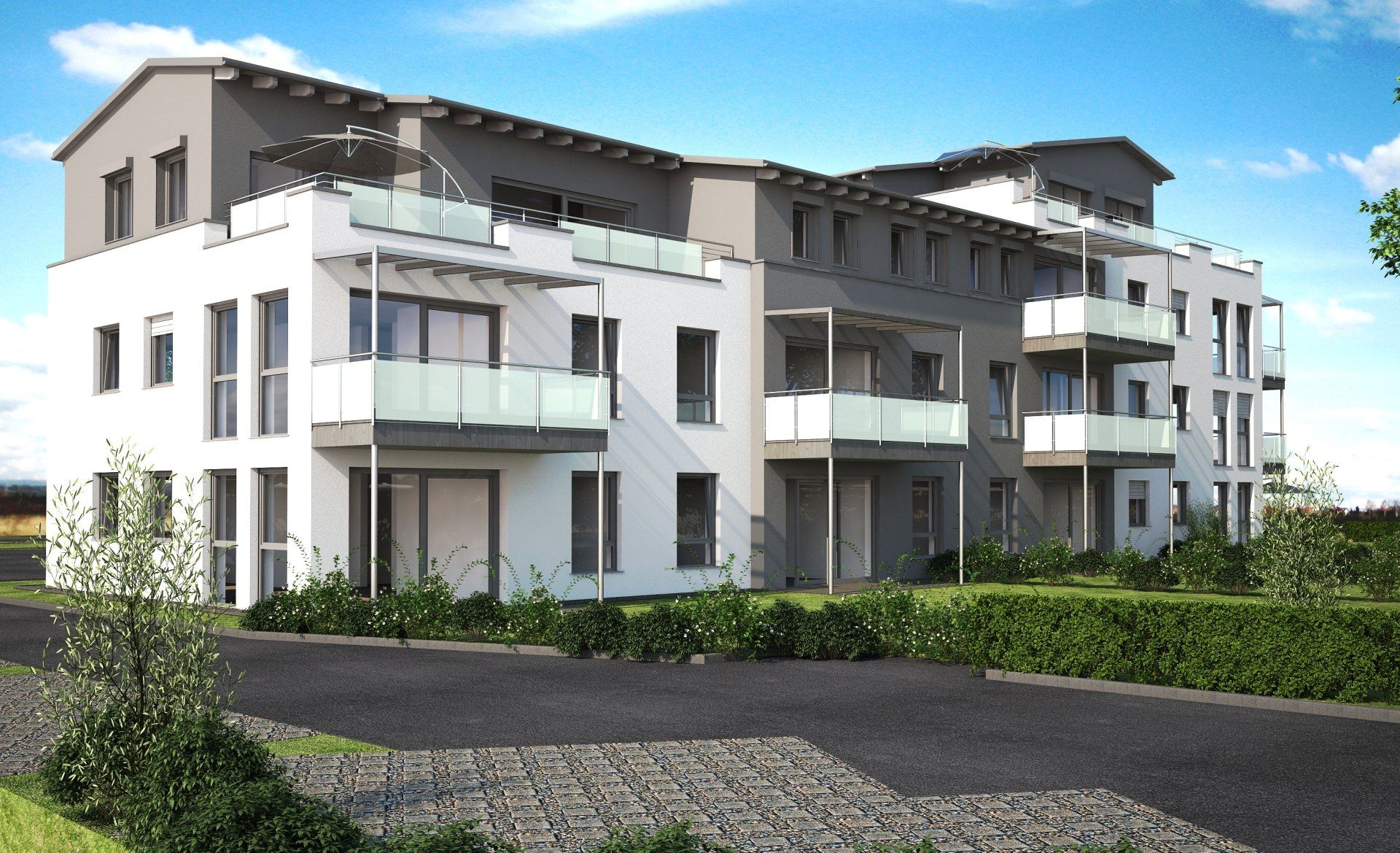 Eine künstlerische Darstellung eines großen Wohnhauses