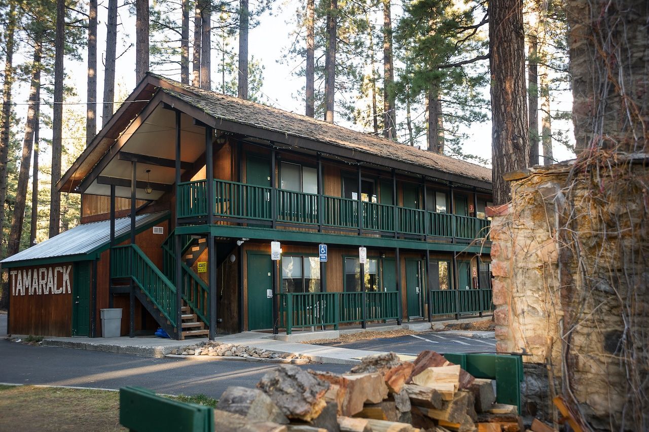 A hotel in the middle of a forest with a pile of logs in front of it.