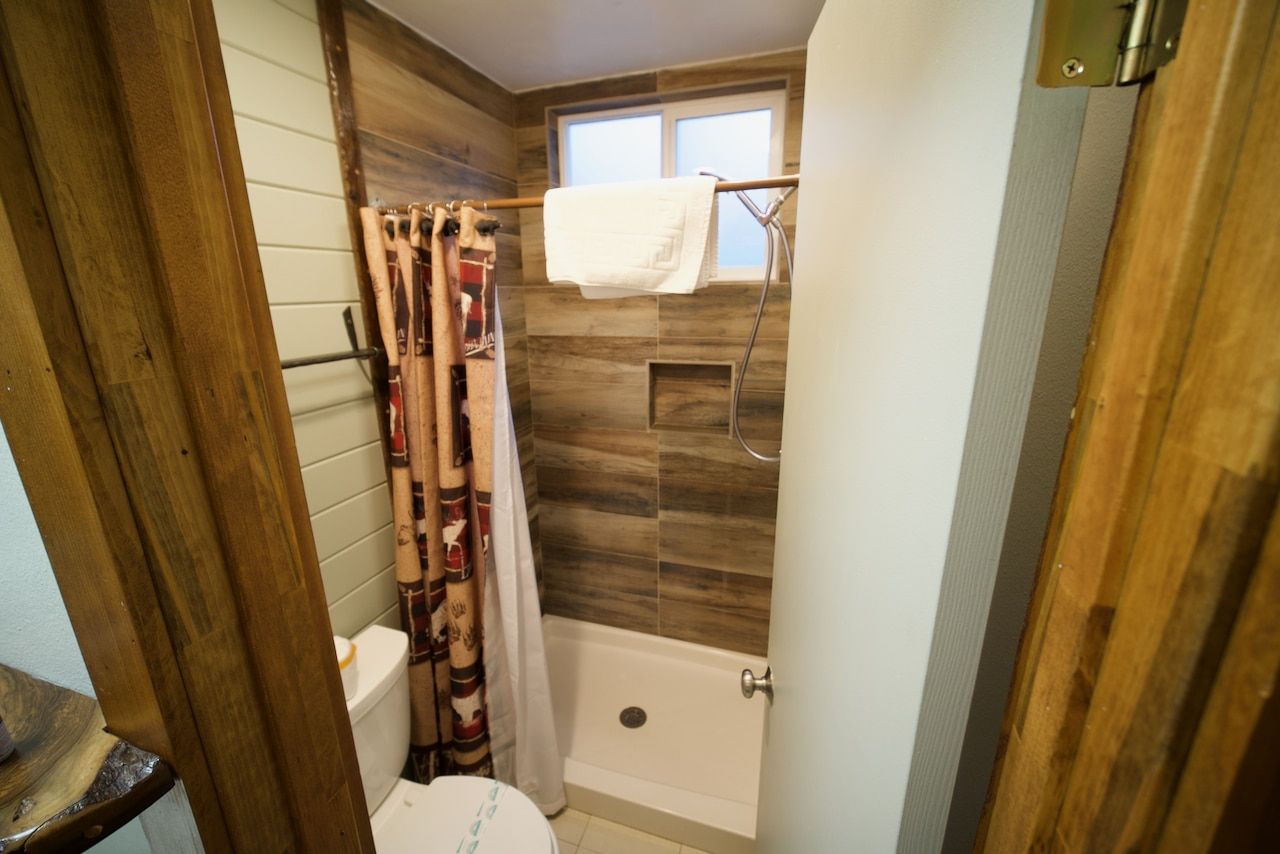 A bathroom with a toilet , shower , and window.