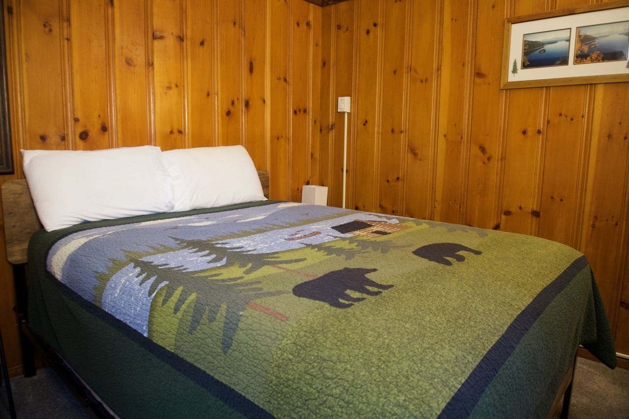 A bed with a bear blanket on it in a room with wood paneling.