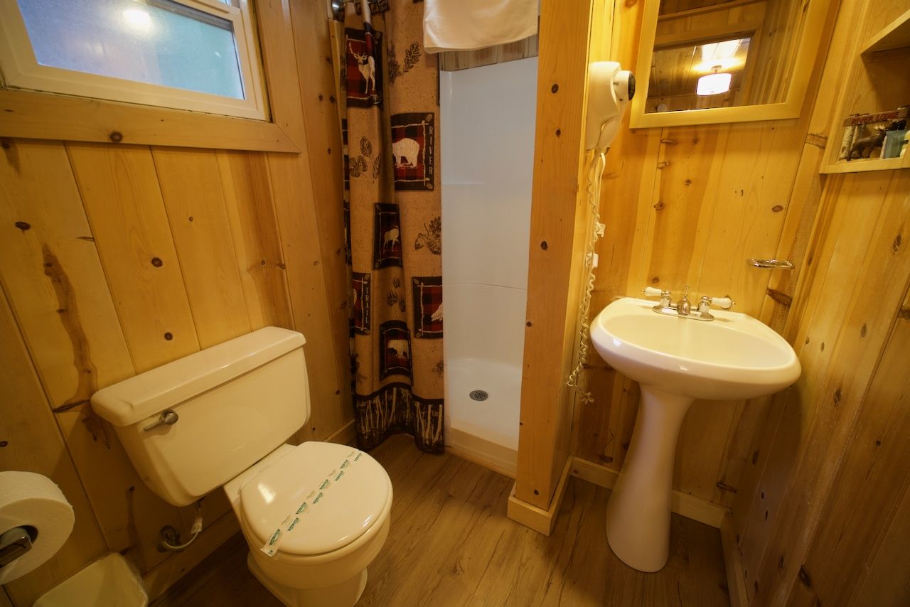 A bathroom with a toilet , sink and shower.