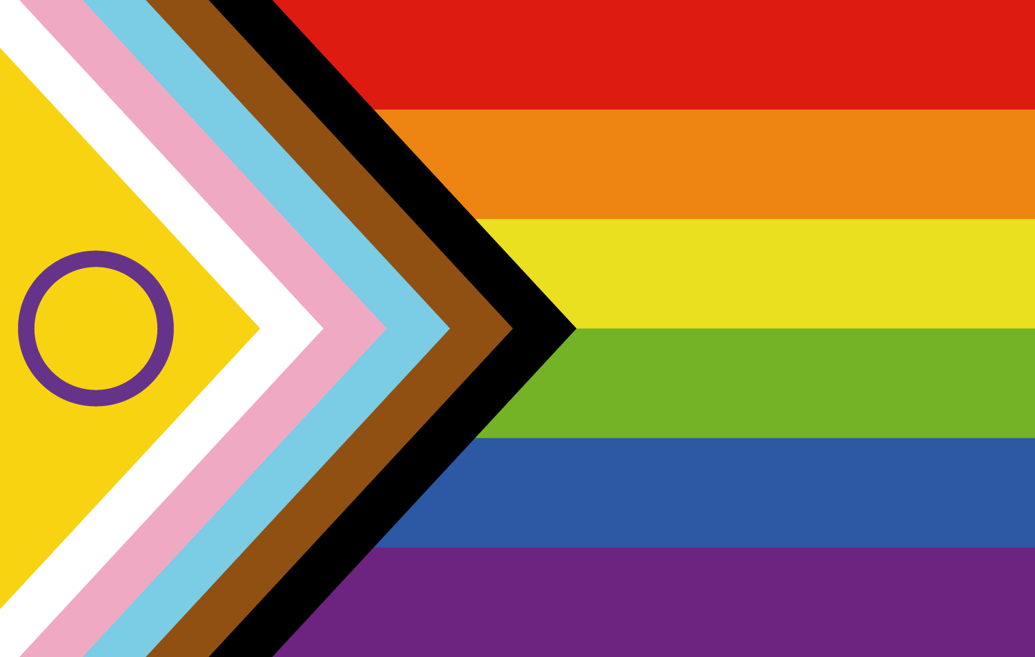 Rainbow Pride flag with a white chevron and purple circle on the left side