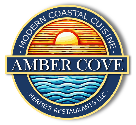 A logo for modern coastal cuisine amber cove