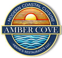 A logo for modern coastal cuisine amber cove
