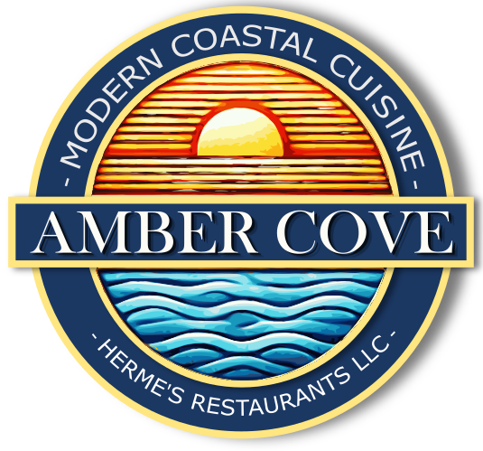 A logo for modern coastal cuisine amber cove