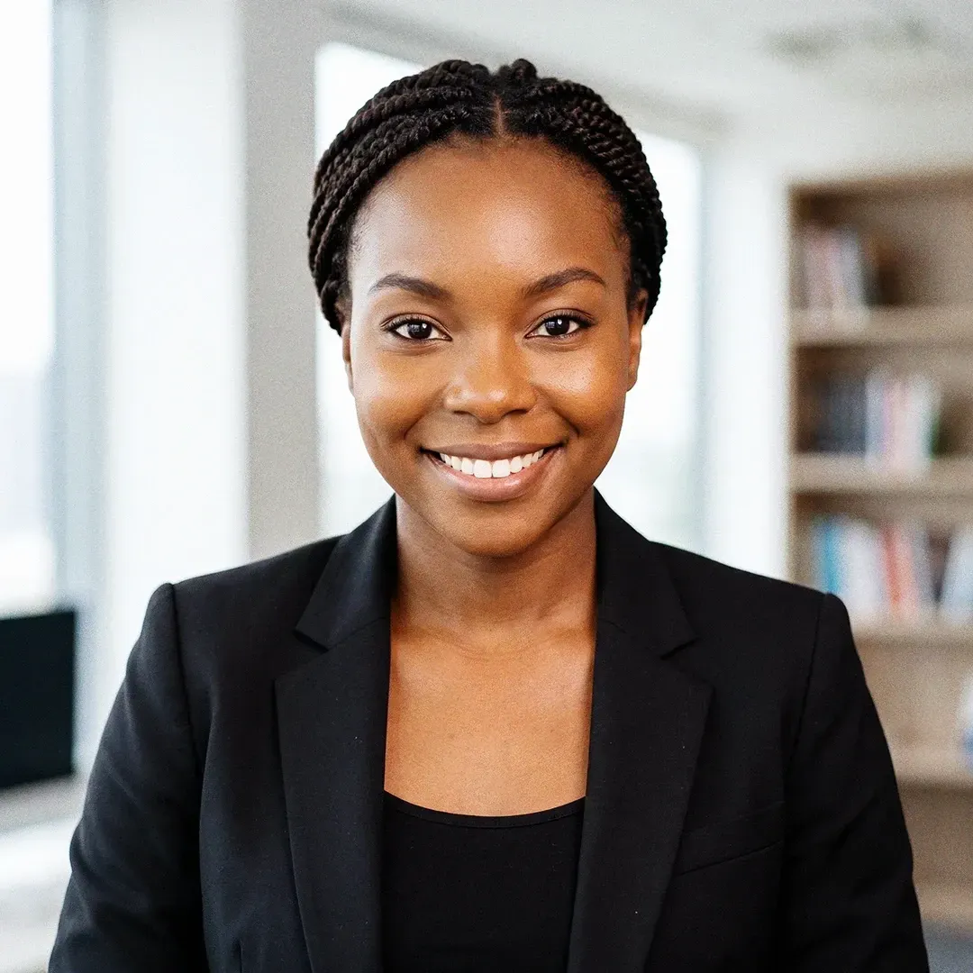 Smiling professional in a black blazer standing in a bright office