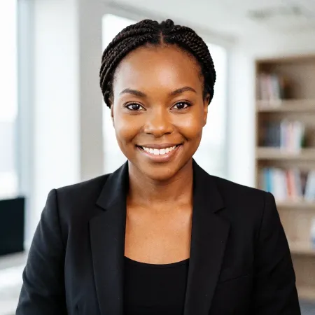 Smiling professional in a black blazer standing in a bright office