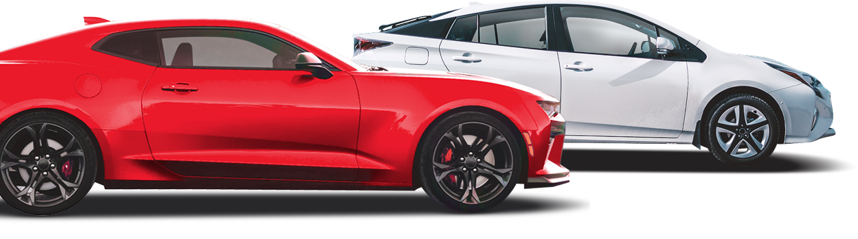 A red sports car next to a white hybrid car. Both vehicles are on a white background | Allegiance Automotive