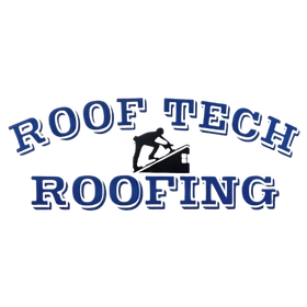 The logo for roof tech roofing shows a man working on a roof.