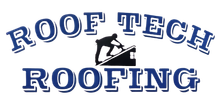 The logo for roof tech roofing shows a man working on a roof.