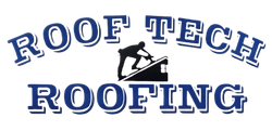 The logo for roof tech roofing shows a man working on a roof.