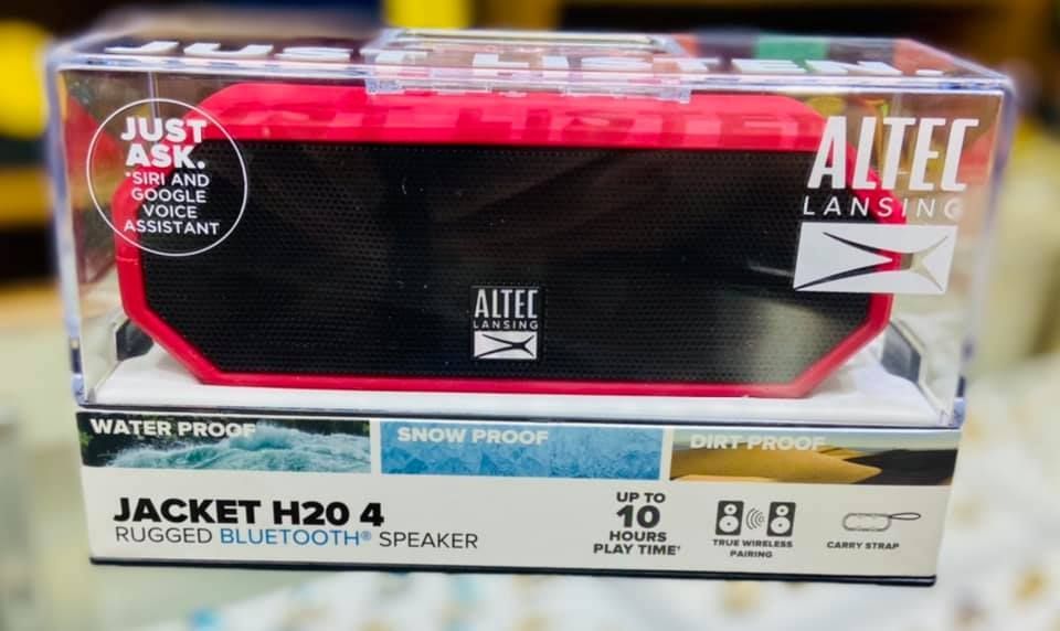 A red altec lansing jacket h20 4 rugged bluetooth speaker