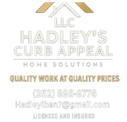 Logo for Hadley's Curb Appeal LLC, with a house icon. Text includes company name, contact info, and tagline.