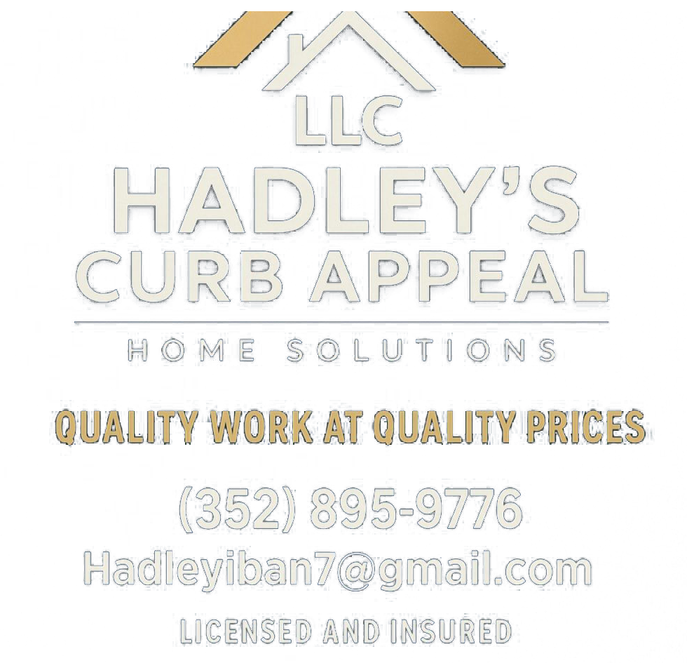 Logo for Hadley's Curb Appeal LLC, with a house icon. Text includes company name, contact info, and tagline.