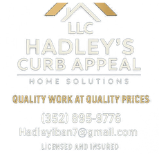 Logo for Hadley's Curb Appeal LLC, with a house icon. Text includes company name, contact info, and tagline.
