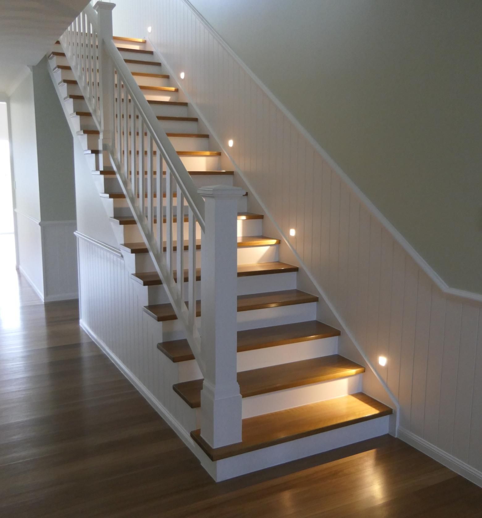 A Staircase With A White Railing And Wooden Steps — Sven Margraf Constructions Pty Ltd In Atherton QLD