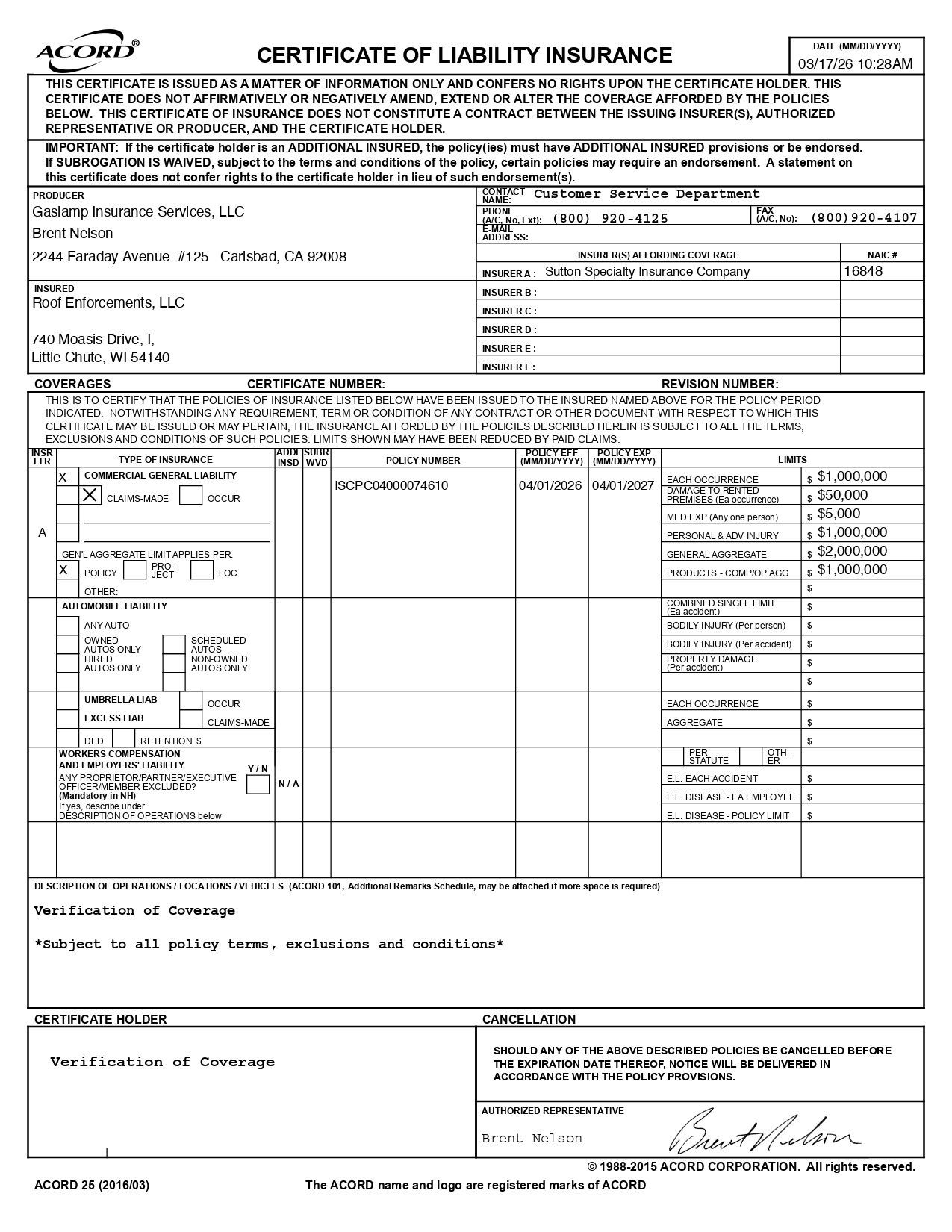 ACORD 25 Certificate of Liability Insurance document outlining insurance coverage for a business.