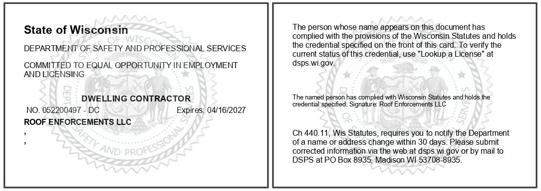 State of Wisconsin Dwelling Contractor credential for Roof Top Elements LLC, with registration number and expiration date.