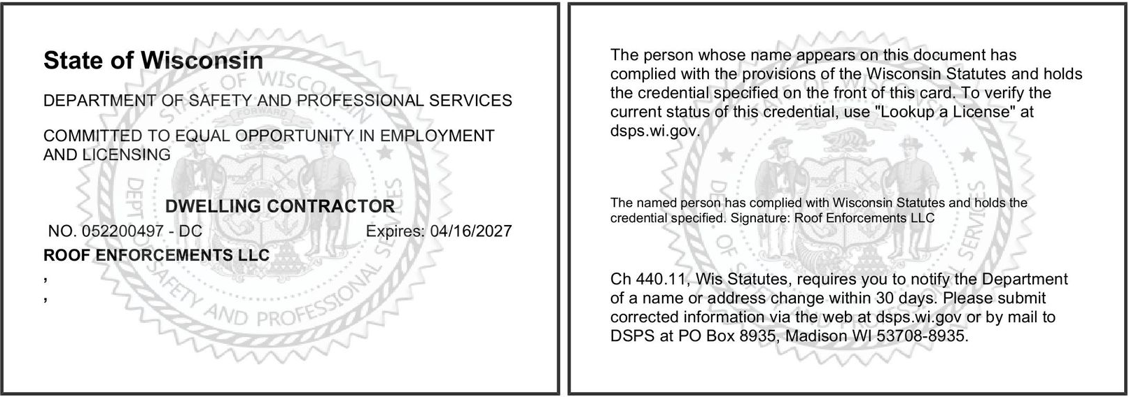 State of Wisconsin Dwelling Contractor credential for Roof Top Elements LLC, with registration number and expiration date.