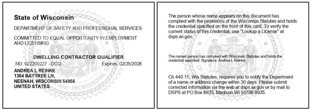 State of Wisconsin Equal Opportunity Employer and contractor qualification card for Andersen Timber, expiration 08/31/2024.