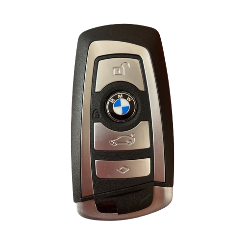 Un primer plano de un llavero BMW sobre un fondo blanco.