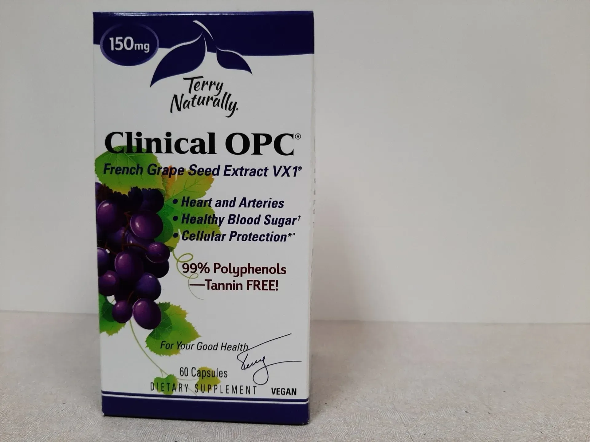 Terry Naturally Clinical OPC French Grape Seed Extract 150mg supplement box on a white surface.