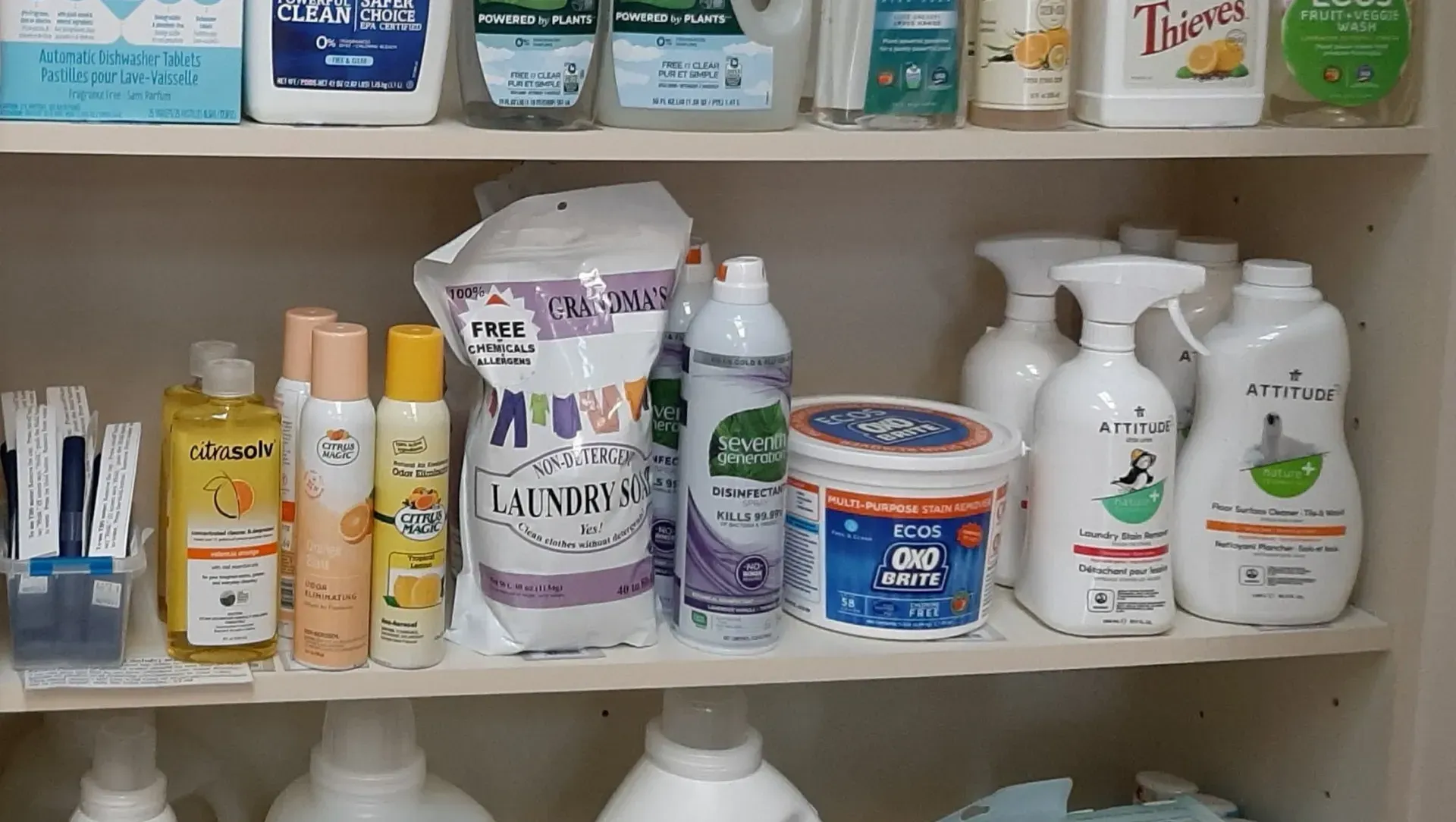 A shelf in a utility closet stocked with various household cleaning supplies, spray bottles, and laundry products.