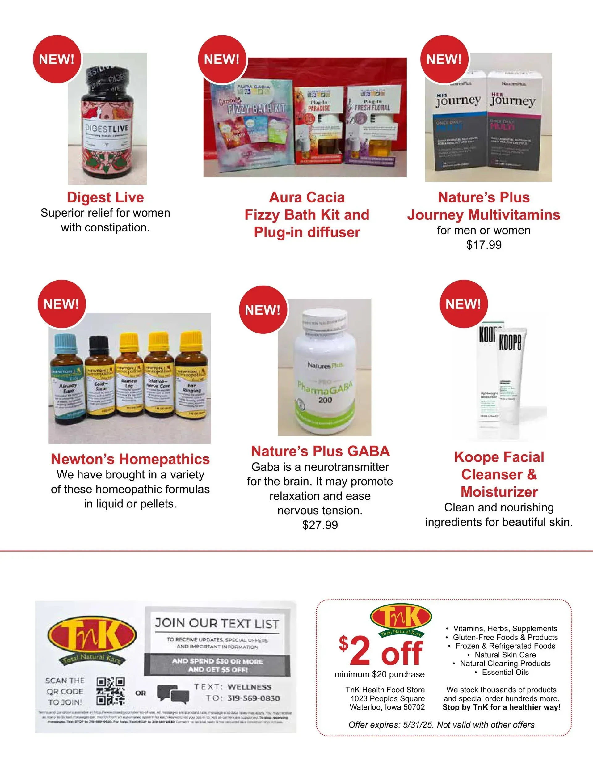 Product flyer for T&K Health Products showcasing six new items, including supplements and skincare, with a $2 off coupon.