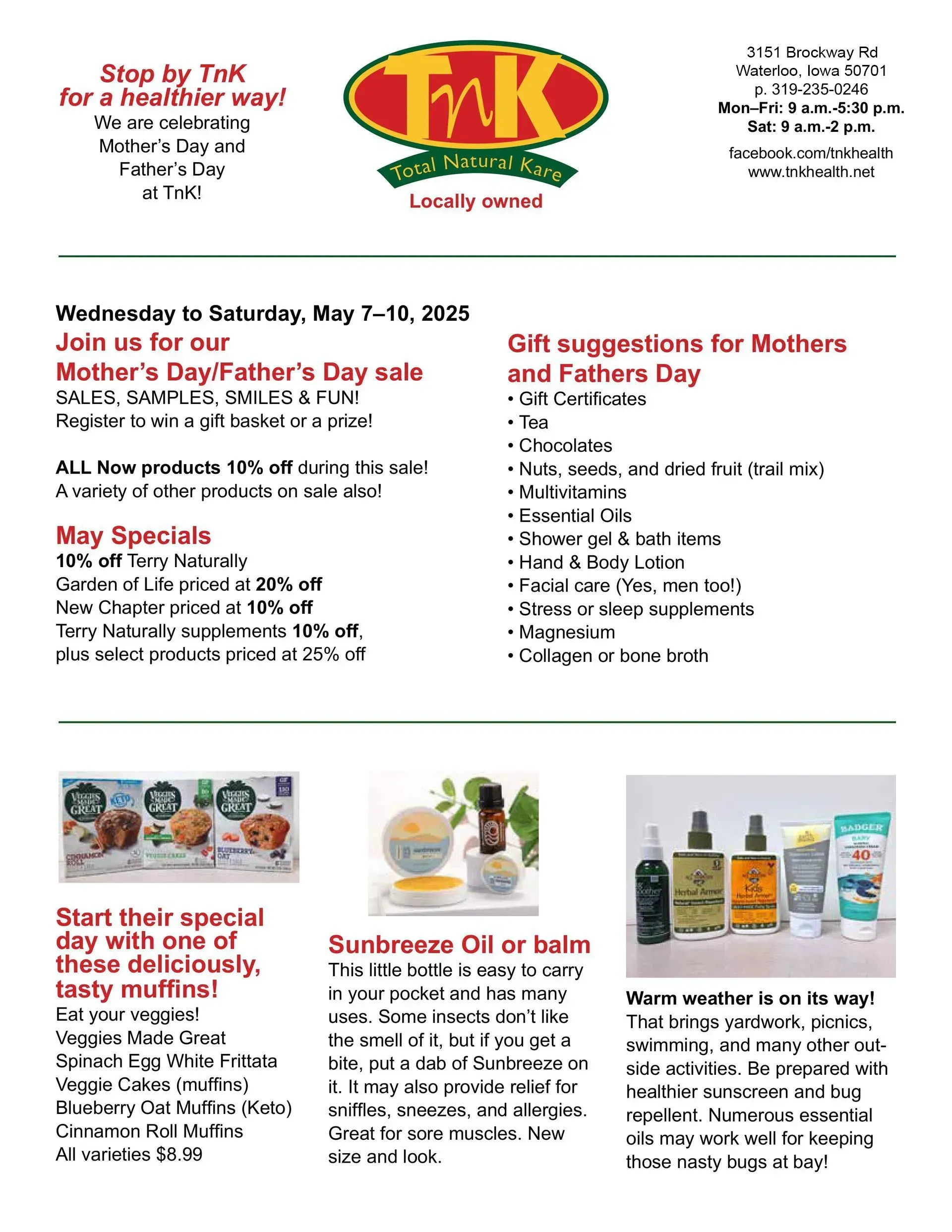 A flyer for TnK Natural Food store's Mother's and Father's Day sale, listing May specials, gift ideas, and featured products.
