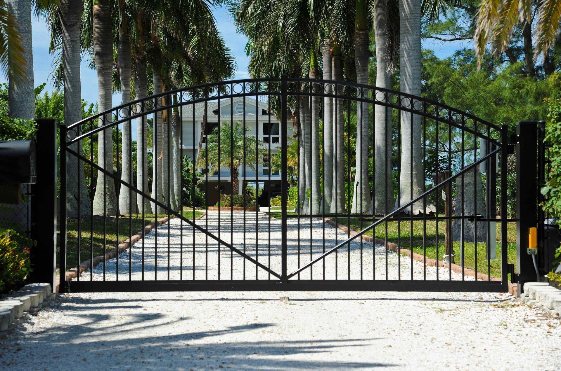 Closed black wrought-iron gate blocking a sunny driveway lined with palm trees and greenery Closed black wrought-iron gate blocking a sunny driveway lined with palm trees and greenery