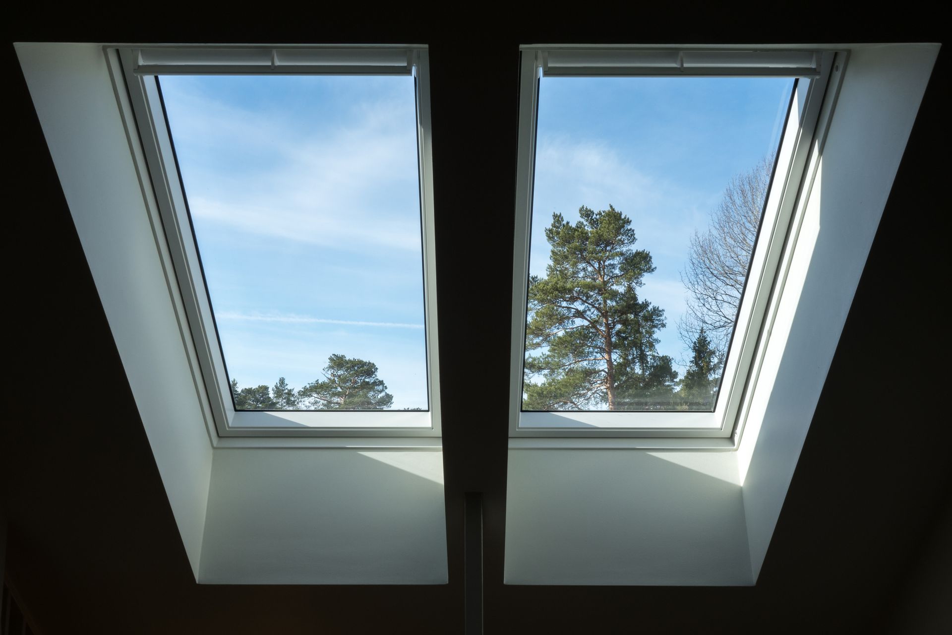 Two skylight windows with view of trees and blue sky. Two skylight windows with view of trees and blue sky.