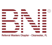 BNI logo with "Referral Masters Chapter - Clearwater, FL" text below in red.