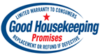 Good Housekeeping Promises seal: blue oval, white interior, text "Good Housekeeping" and "Promises," red star, "Limited Warranty."